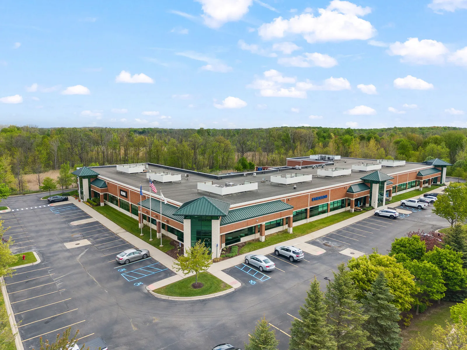 Aerial drone photo of a commercial plaza