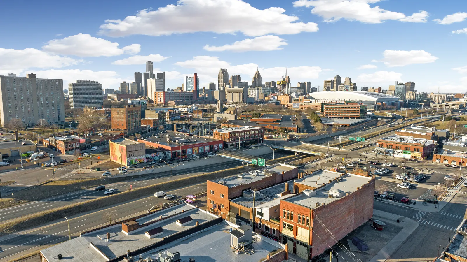 Aerial drone photo overlooking the Detroit skyline
