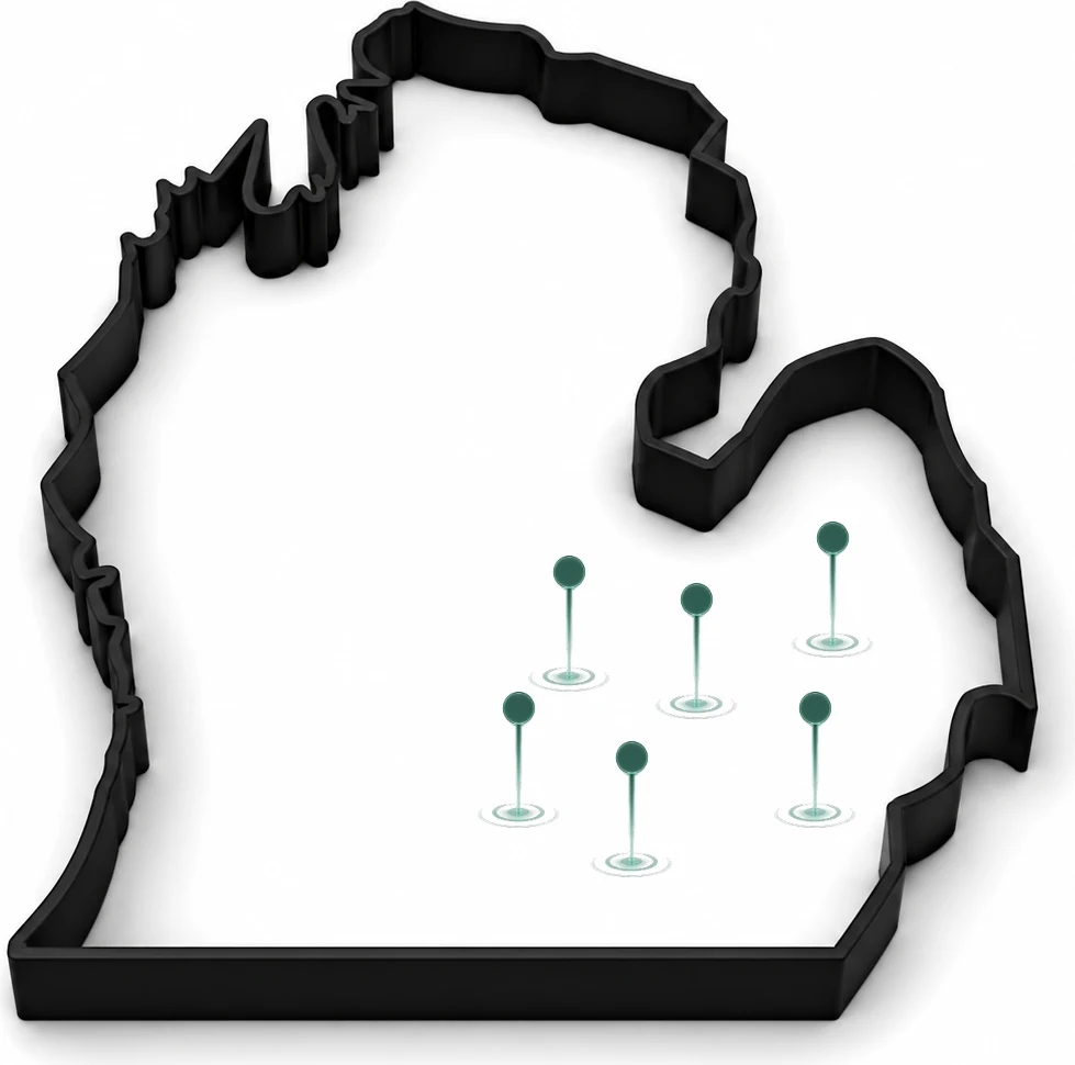3D outline of Michigan with pins marking Mike's Reflections Photography's core service counties